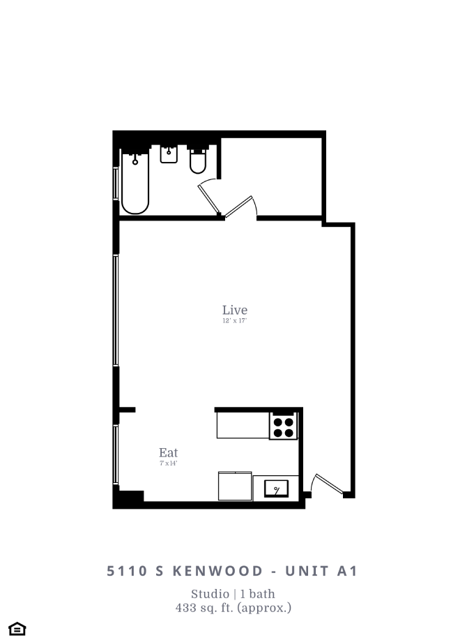 Floor plan for studio, 1 bath, 433 sqft